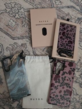 Burga S22 Ultra Pink Floral Magnetic Power Bank & Phone Case Set/green Case.